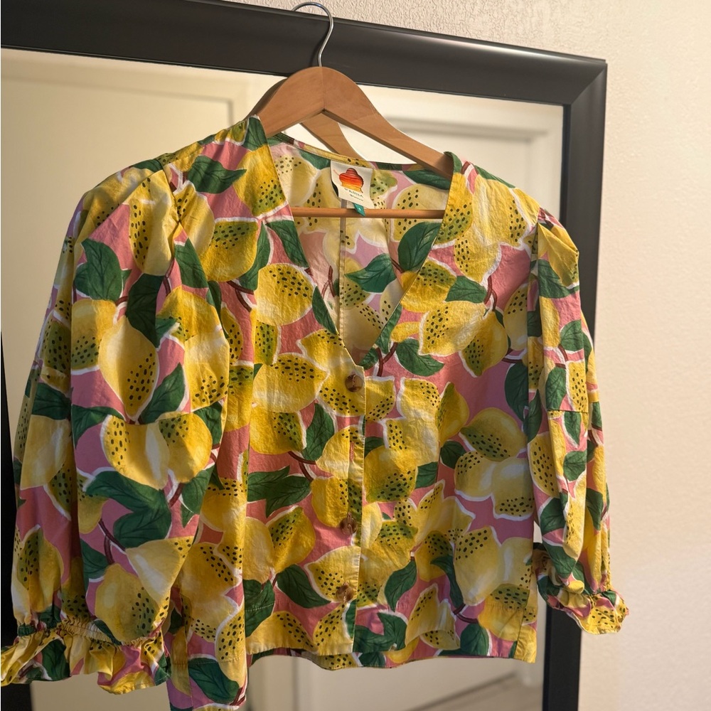 - FARM Rio Yellow Pink 3/4 Sleeve Crop Blouse